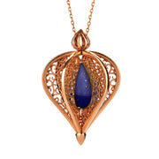 9ct Rose Gold Lapis Lazuli Flore Filigree Droplet Necklace, P2330C.