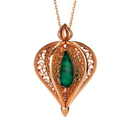 9ct Rose Gold Malachite Flore Filigree Droplet Necklace, P2330C.