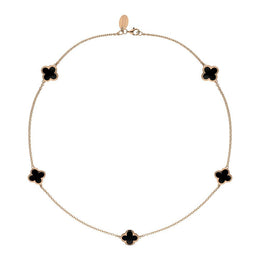 9ct Rose Gold Whitby Jet Bloom Four Leaf Clover Long Necklace, N1128.
