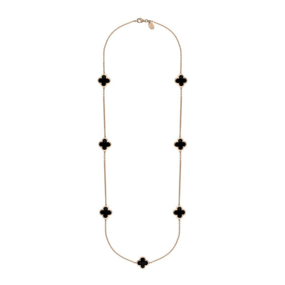 9ct Rose Gold Whitby Jet Bloom Four Leaf Clover Long Necklace, N1129.