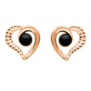 9ct Rose Gold Whitby Jet Half Ridged Heart Stud Earrings E1908