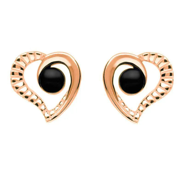 9ct Rose Gold Whitby Jet Half Ridged Heart Stud Earrings E1908