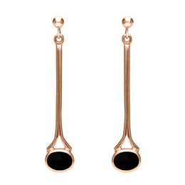 9ct Rose Gold Whitby Jet Long Drop Earrings. E094.