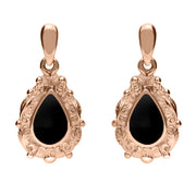 9ct Rose Gold Whitby Jet Pear Shaped Leaf Drop Earrings, E083.