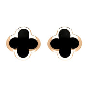 9ct Rose Gold Whitby Jet Bloom Four Leaf Clover Stud Earrings, E2465.