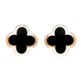 9ct Rose Gold Whitby Jet Bloom Four Leaf Clover Stud Earrings, E2465.