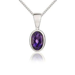 9ct White Gold Amethyst 6x4mm Oval Rub Over Set Necklace 62-51-021.
