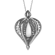 9ct White Gold Bauxite Flore Filigree Droplet Necklace, P2330C.