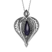 9ct White Gold Blue Goldstone Flore Filigree Droplet Necklace, P2330C.