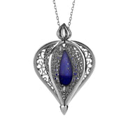 9ct White Gold Lapis Lazuli Flore Filigree Droplet Necklace, P2330C.