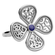 9ct White Gold Lapis Lazuli Flore Four Petal Filigree Ring. R807.