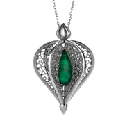 9ct White Gold Malachite Flore Filigree Droplet Necklace, P2330C.