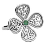 9ct White Gold Malachite Flore Four Petal Filigree Ring R807