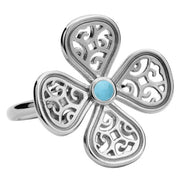 9ct White Gold Turquoise Flore Four Petal Filigree Ring. R807.