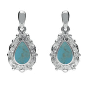 9ct White Gold Turquoise Pear Shaped Leaf Drop Earrings, E083.