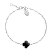 9ct White Gold Whitby Jet Bloom Four Leaf Clover Ball Edge Chain Bracelet, B1154.