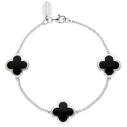 9ct White Gold Whitby Jet Bloom Four Leaf Clover Chain Bracelet, B1196