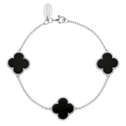 9ct White Gold Whitby Jet Bloom Three Stone Four Leaf Clover Ball Edge Chain Bracelet, B1153.