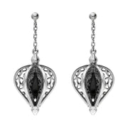 9ct White Gold Whitby Jet Flore Filigree Drop Earrings E1781