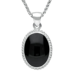 9ct White Gold Whitby Jet Heritage Rope Edge Medium Oval Pendant, P004. 