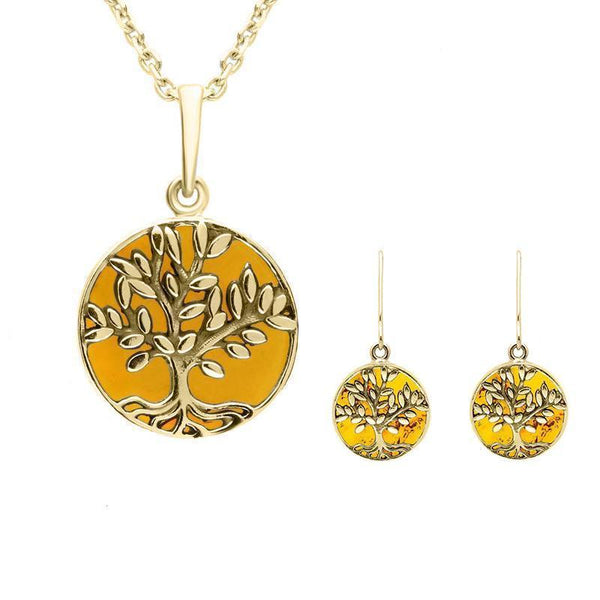 9ct Yellow Gold Amber Round Large Leaves Tree of Life Two Piece Set, S062.