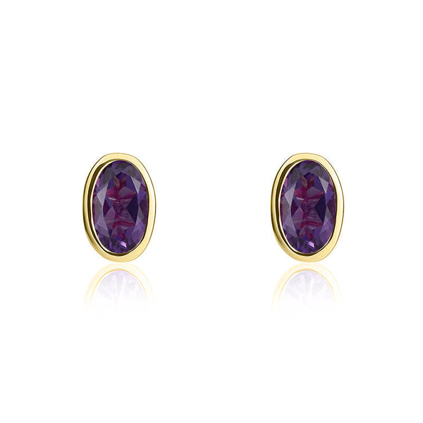 9ct Yellow Gold Amethyst 5x3mm Oval Rub Over Set Stud Earrings. 33-51-099.