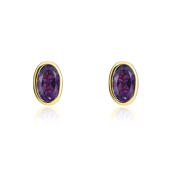 9ct Yellow Gold Amethyst 5x3mm Oval Rub Over Set Stud Earrings. 33-51-099.