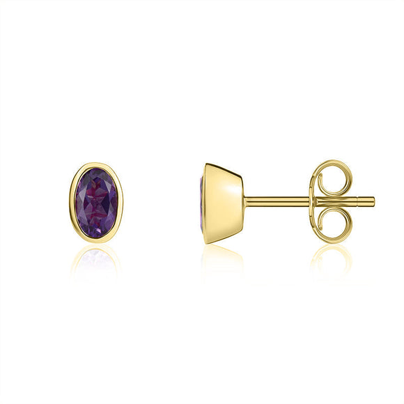 9ct Yellow Gold Amethyst 5x3mm Oval Rub Over Set Stud Earrings. 33-51-099_2