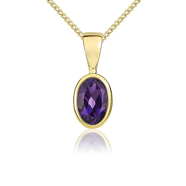9ct Yellow Gold Amethyst 6x4mm Oval Rub Over Set Necklace 62-51-008.