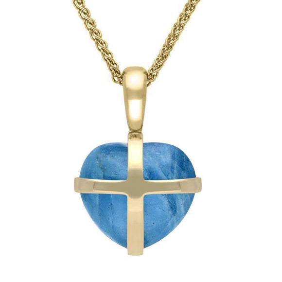 9ct Yellow Gold Aquamarine Small Cross Heart Necklace, P1544.