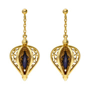 9ct Yellow Gold Blue Goldstone Flore Filigree Drop Earrings