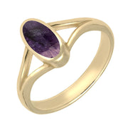 9ct Yellow Gold Blue John Oval Split Shoulder Ring. R114.