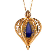 9ct Yellow Gold Lapis Lazuli Flore Filigree Droplet Necklace, P2330C.