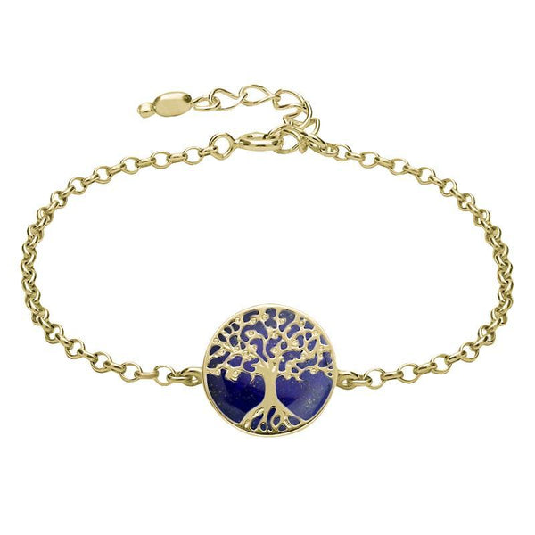9ct Yellow Gold Lapis Lazuli Round Tree of Life Chain Bracelet, B1140.