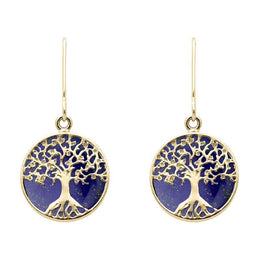 9ct Yellow Gold Lapis Lazuli Round Tree of Life Drop Earrings, E2429.