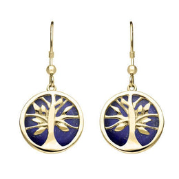 9ct Yellow Gold Lapis Lazuli Round Tree of Life Drop Earrings, E2485.