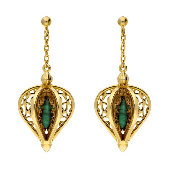 9ct Yellow Gold Malachite Flore Filigree Drop Earrings E1781