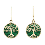 9ct Yellow Gold Malachite Round Tree of Life Drop Earrings, E2429.