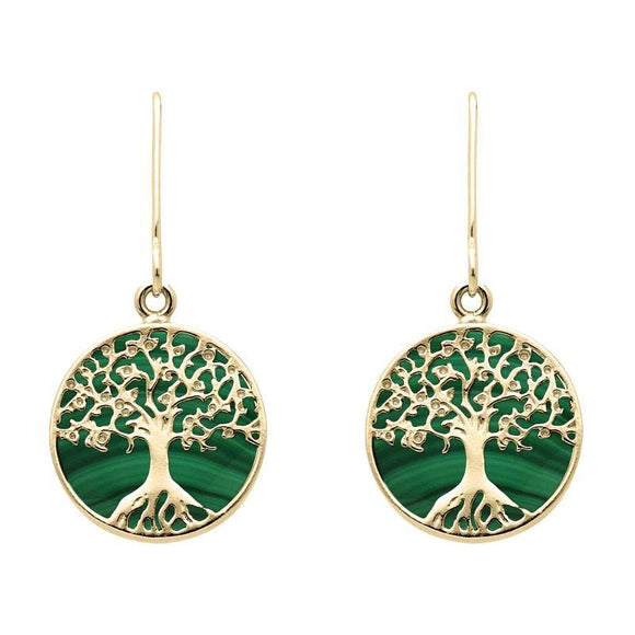 9ct Yellow Gold Malachite Round Tree of Life Drop Earrings, E2429.