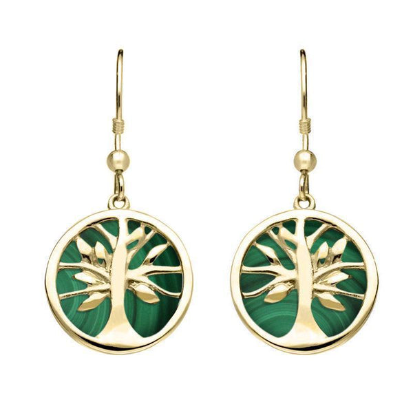9ct Yellow Gold Malachite Round Tree of Life Drop Earrings, E2485.