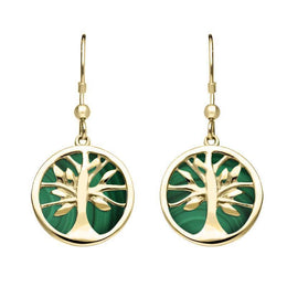 9ct Yellow Gold Malachite Round Tree of Life Drop Earrings, E2485.