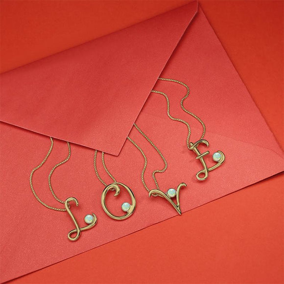 9ct Yellow Gold Opal Love Letters Initial E Necklace, P3452.