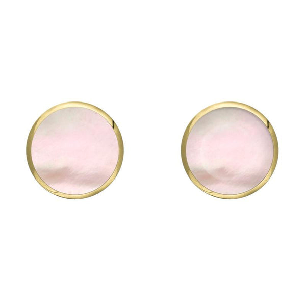 9ct Yellow Gold Pink Mother of Pearl 6mm Classic Medium Round Stud Earrings, E003.