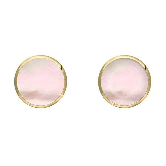 9ct Yellow Gold Pink Mother of Pearl 6mm Classic Medium Round Stud Earrings, E003.