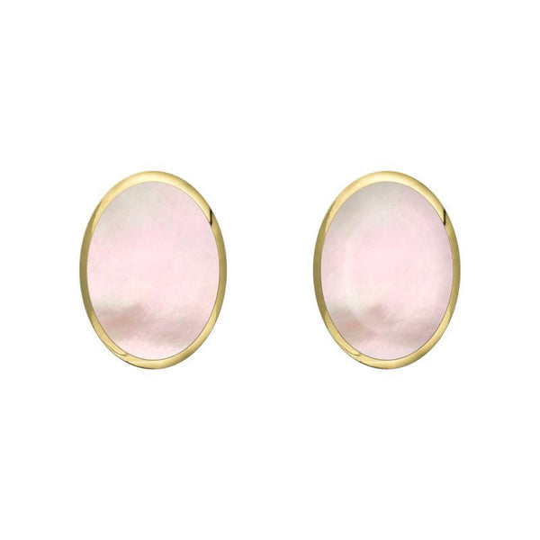 9ct Yellow Gold Pink Mother of Pearl 7 x 5mm Classic Small Oval Stud Earrings, E005.