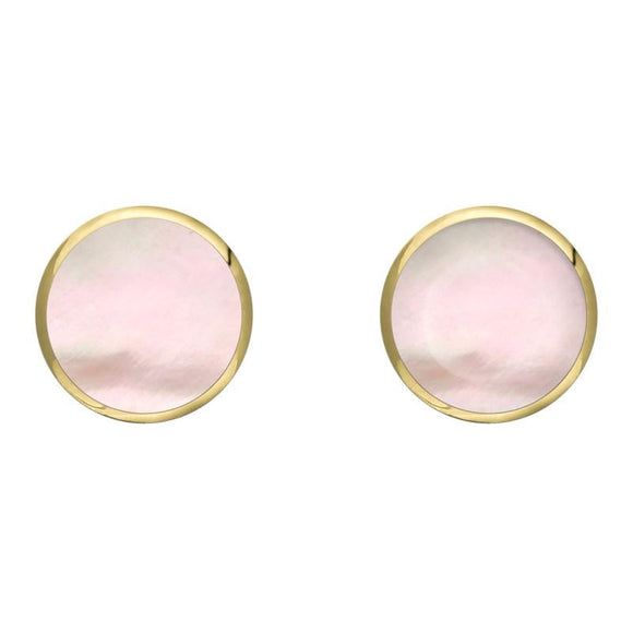 9ct Yellow Gold Pink Mother of Pearl 8mm Classic Large Round Stud Earrings, e004.
