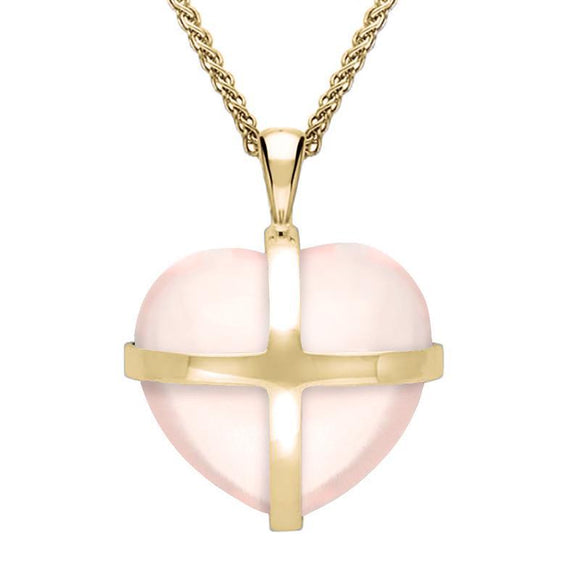 9ct Yellow Gold Rose Quartz Medium Cross Heart Necklace, P1543.