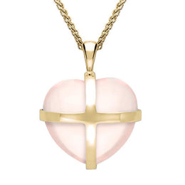9ct Yellow Gold Rose Quartz Medium Cross Heart Necklace, P1543.