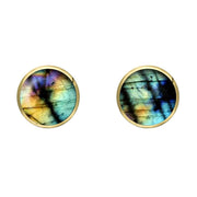 9ct Yellow Gold Spectrolite 6mm Classic Medium Round Stud Earrings, E003.