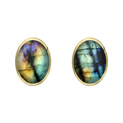 9ct Yellow Gold Spectrolite 8 x 6mm Classic Medium Oval Stud Earrings, E006.